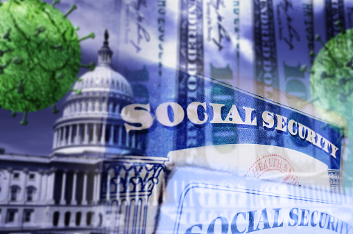 Social Security cards with US capitol, money and Coronavirus images